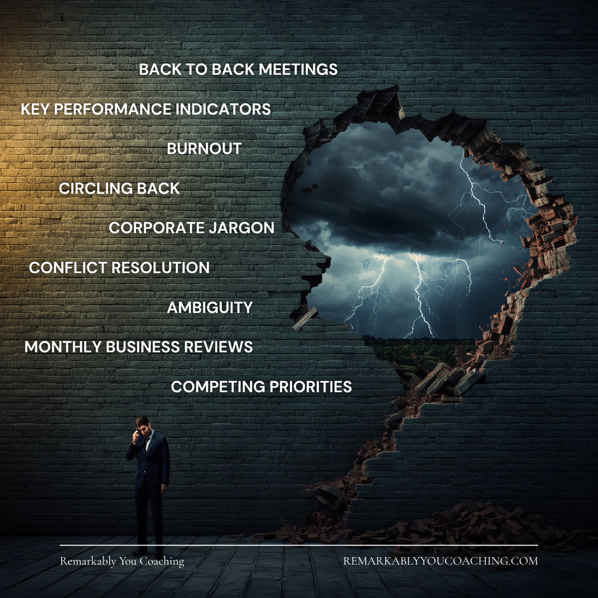 Storm breaking through a brick wall with corporate demands listed — back to back meetings, burnout, ambiguity, competing priorities