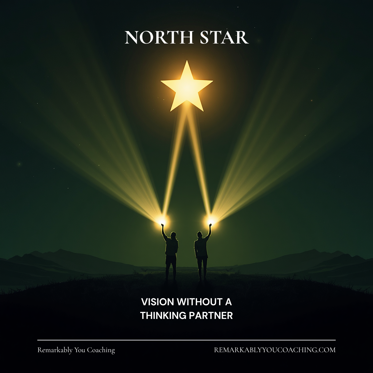 Two figures holding lights toward a north star — vision without a thinking partner