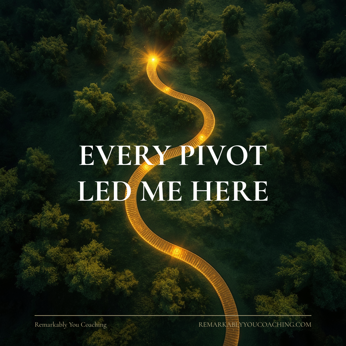 Aerial view of a glowing winding path through a forest — every pivot led me here