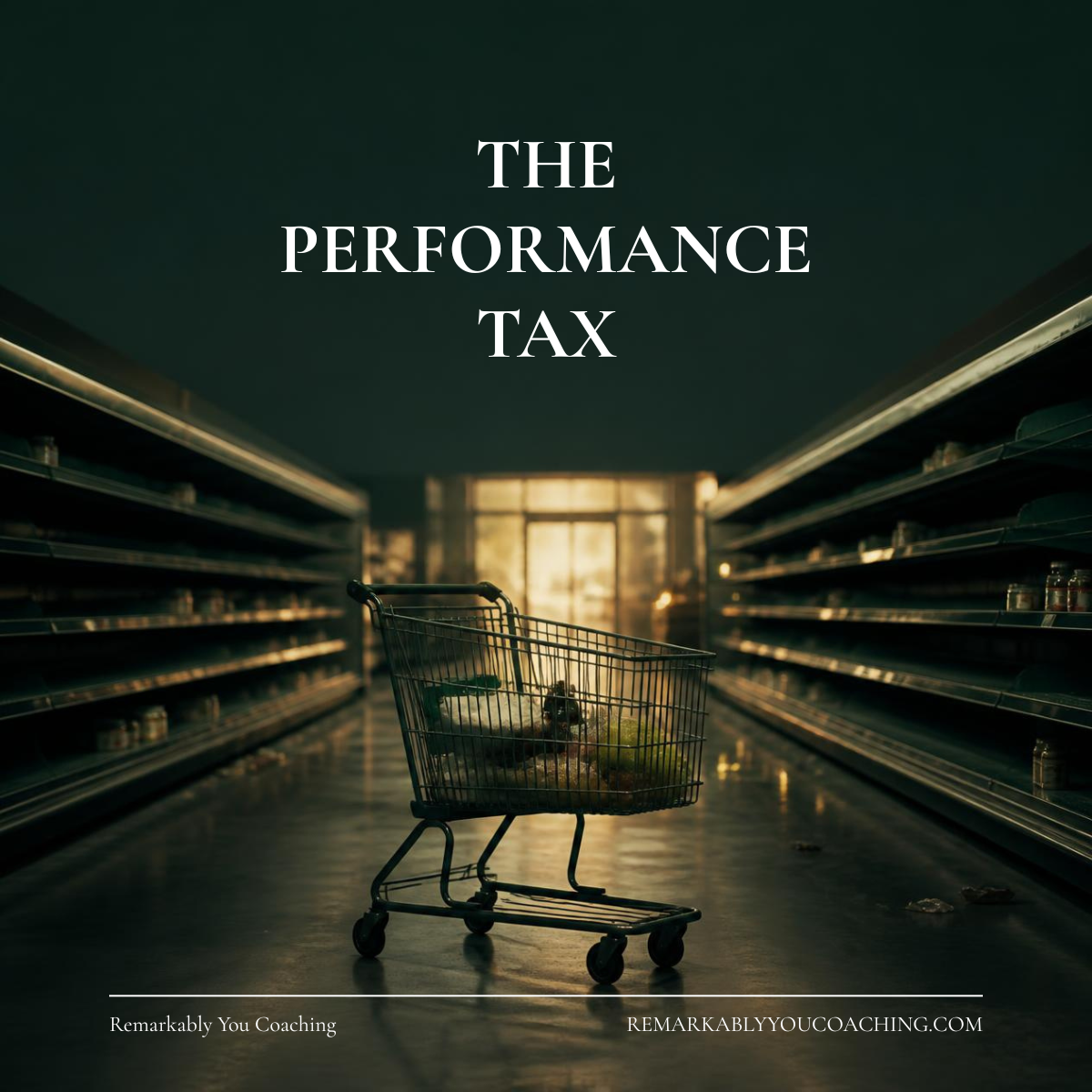 Abandoned shopping cart in an empty grocery store aisle — the performance tax