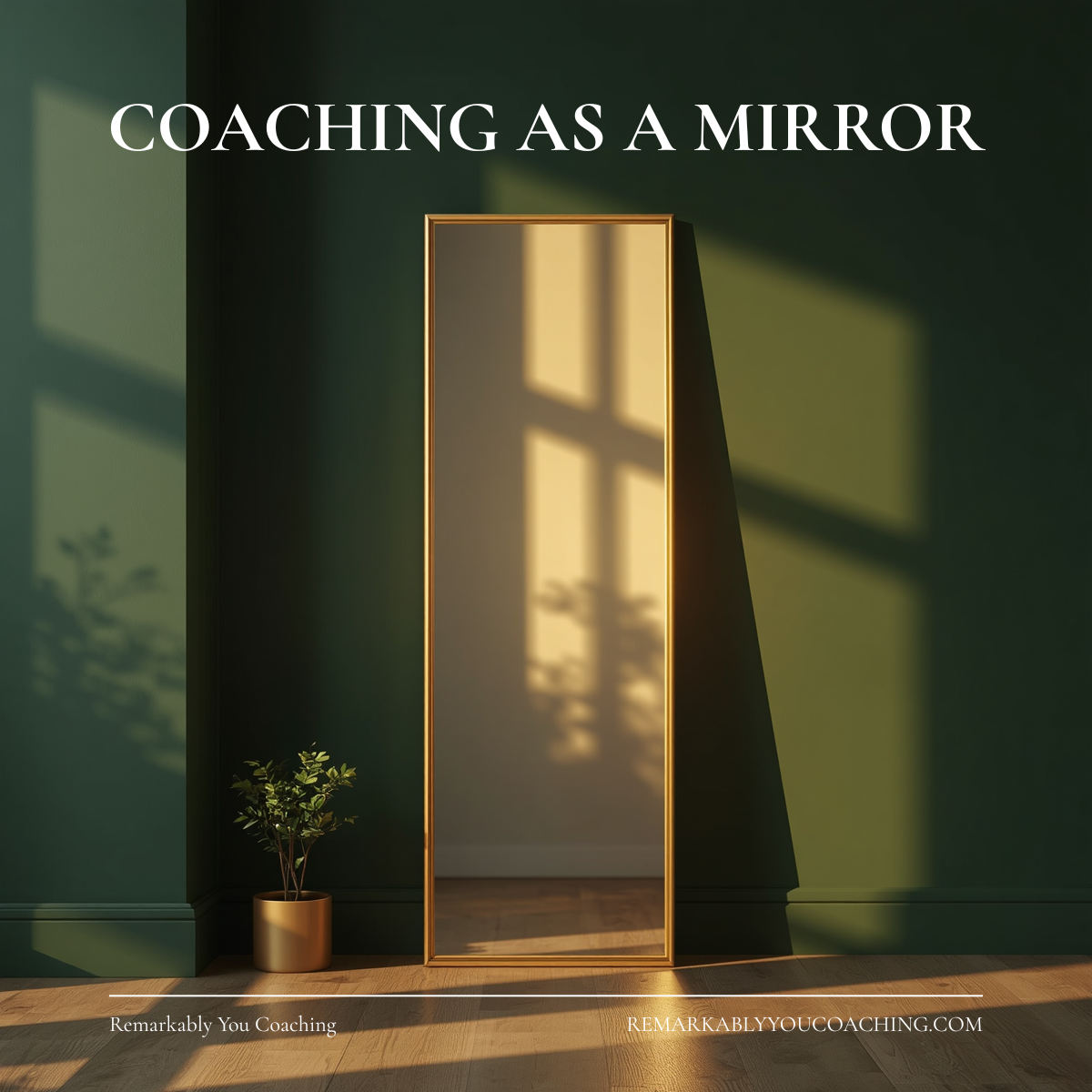 Gold-framed mirror leaning against a green wall — coaching as a mirror
